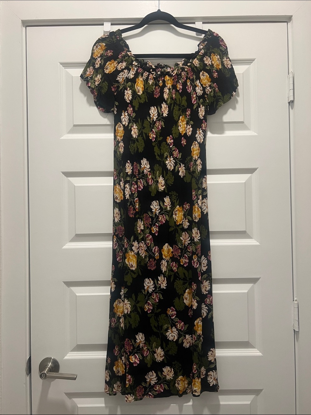 Altar’d State: Floral Off-Shoulder Maxi Dress — Black with Yellow & Pink Flowers